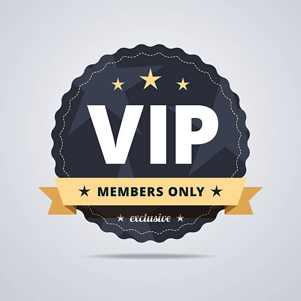 Round badge for VIP club members. Dark blue medal with a star shapes and decorative ribbon. Vector illustration.